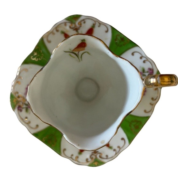 Ucago Japan Tea Cup Saucer Green Gold Floral Demitasse Mid century Square - Picture 6 of 9
